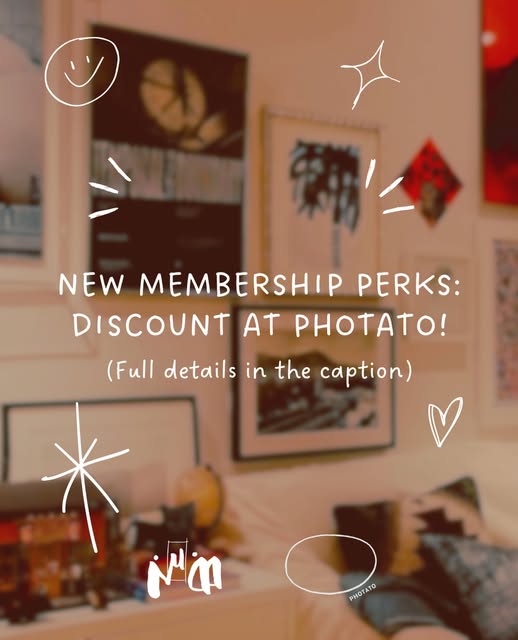 NuDD membership-perks graphic advertising a discount at PHOTATO, over framed artwork.
